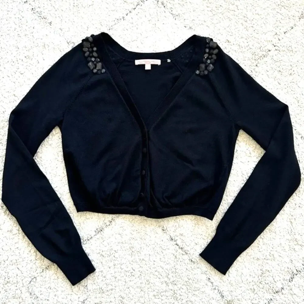 Rebecca Taylor Black Cropped Cardigan Rhinestone Embellished Size S